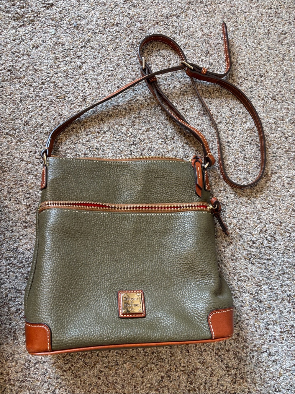 Dooney & Bourke Olive Green Pebbled Leather Crossbody with Tan Trim